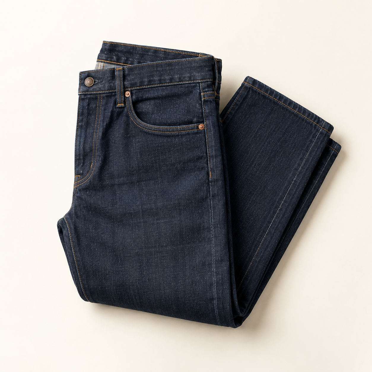 Illustrative studio image of one pair of jeans