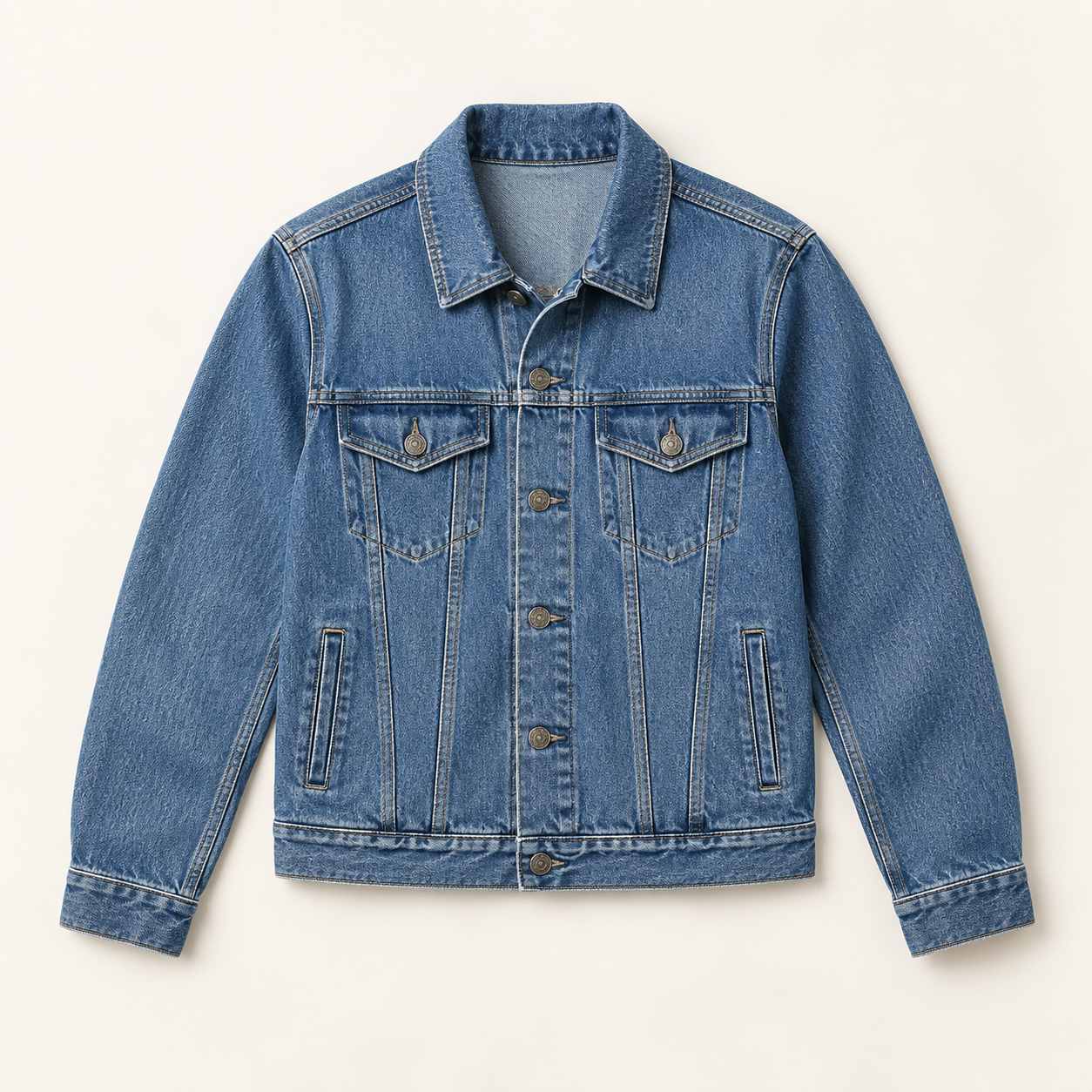 Illustrative studio image of one denim jacket